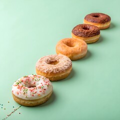 Row of five assorted donuts lined up diagonally on green background