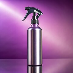 Silver aluminum spray bottle with black trigger against purple light