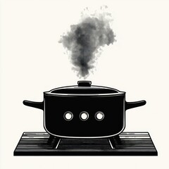 black metal cooking pot with lid and three round vent holes, steam rising in a soft cloud, resting on a wooden trivet evoking warm cozy home cooking