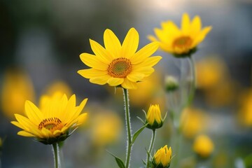 Obraz premium Bright yellow sunflower-like blossoms and buds on slender green stems in a soft-focus garden, evoking warmth and a cheerful summer mood