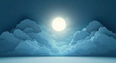 Full moon glowing above layered blue paper-like clouds over a calm reflective sea, peaceful and dreamy night