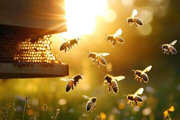 golden hour honeybees flying to a wooden hive and exposed honeycomb over a sunlit wildflower meadow, warm glowing peaceful industrious scene