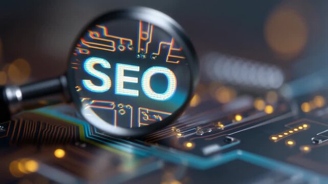 Magnifying Glass Focusing on SEO Text on Circuit Board for Digital Marketing Concepts
