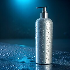 Silver soap dispenser bottle covered in water droplets on dark blue surface