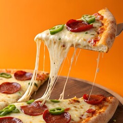 A slice of pepperoni and jalapeo pizza with extreme cheese pull