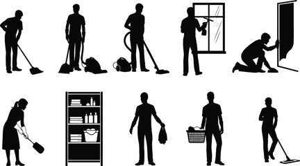 Obraz premium Silhouette people cleaning house, vacuuming floor, washing window, mopping, sweeping, organizing shelf, home maintenance workers, household chores, domestic service, hygiene concept