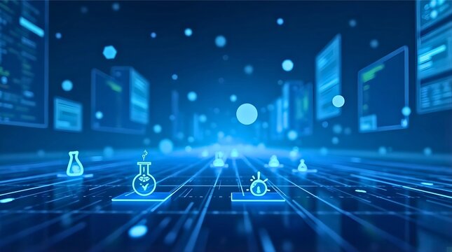 Futuristic science-tech wallpaper with glowing lab icons, digital screens, and data interface