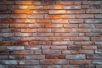 Obraz premium Weathered red brick wall with textured mortar and subtle whitewash, bathed in warm overhead light creating a cozy rustic atmosphere