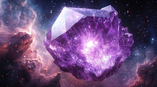 majestic glowing purple faceted crystal floating in a starry nebula with a sparkling radiant core, cosmic backdrop evoking wonder and mysterious awe - Powered by Adobe