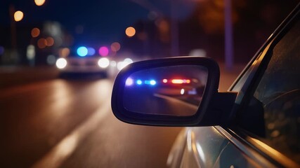 Police lights reflected in car mirror at night, vibrant colors and urban atmosphere