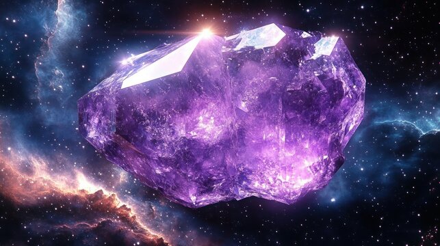 Giant faceted purple crystal drifting through a star-filled galaxy nebula, glowing with radiant light and evoking mystery and awe