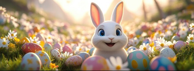 cheerful white rabbit sitting among colorful painted eggs and daisies in a sunlit spring meadow with a joyful playful expression