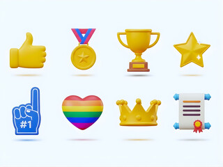 Y2k style icons set – trophy, medal, thumbs-up, heart, certificate, star, crown, number-one. 3D icon set
