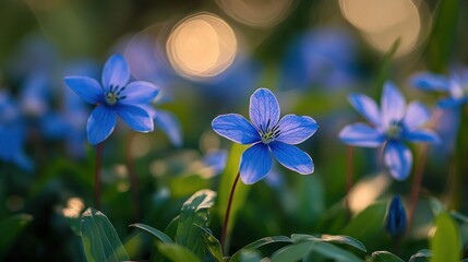 close-up of small blue wildflowers with delicate petals and green leaves bathed in warm golden bokeh, serene dreamy mood