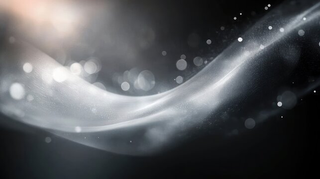 luminous translucent ribbon of light and fabric-like wave with floating bokeh particles over a dark background, evoking serene ethereal mystery - Powered by Adobe
