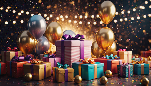 A large, colorful pile of wrapped gift boxes with metallic gold and silver balloons against a dark, warm background with dazzling bokeh lights and falling confetti