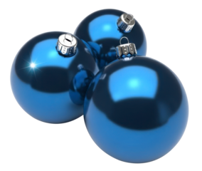 Three Blue Christmas Ornaments with Glossy Finish Isolated on Transparent Background