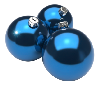 Three Blue Christmas Ornaments with Glossy Finish Isolated on Transparent Background