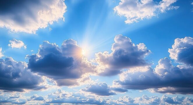 Sunlit blue sky filled with fluffy cumulus clouds and radiant sun rays, evoking a calm, uplifting and peaceful mood