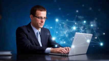 Professional businessman working on laptop with digital connections in a modern office setting - Powered by Adobe