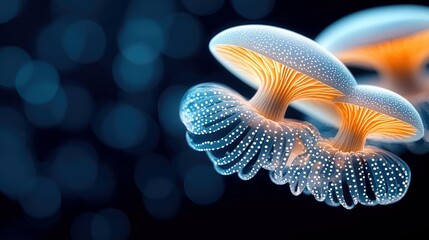 Two translucent jellyfish with glowing white spots and illuminated orange undersides float in the dark ocean, creating a magical and ethereal underwater scene.