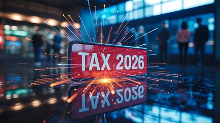 Tax 2026 digital sign with futuristic lighting representing financial planning
