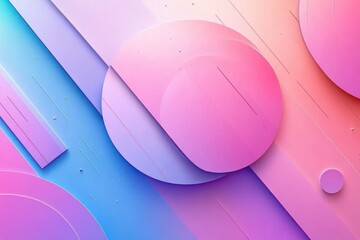 layered pastel abstract with overlapping circular discs, diagonal rectangular bands, soft gradients, tiny accent lines and dots in pink and blue evoking calm playful futurism