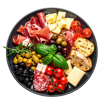 Traditional italian antipasto misto with assorted meats and cheeses presented beautifully on a dark slate plate for a rustic feel