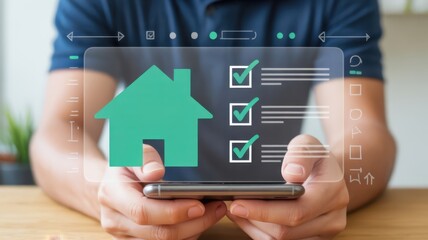 Person using mobile device to complete housing checklist with digital interface