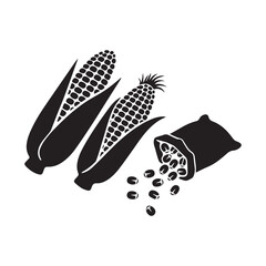 Harvest Abundance Fresh Corn Cobs and Grains Spilling from a Sack Silhouette Design. 