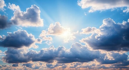 Bright sun breaking through dramatic fluffy cumulus clouds across a vivid blue sky, peaceful and hopeful light beams illuminating the atmosphere