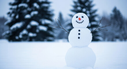 Classic Snowman Figure Standing Tall in Snowy Winter Landscape
