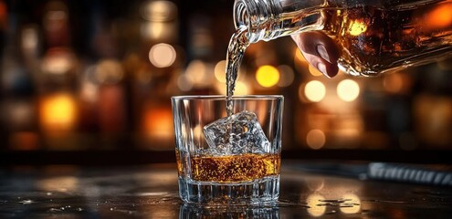 hand pouring amber whiskey over a single large ice cube into a lowball glass at a warm dimly lit bar, evoking a cozy relaxed mood