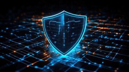 futuristic glowing blue shield hologram hovering above a dark digital circuit grid with orange lights, radiating protection and secure confidence