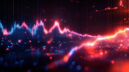 glowing neon 3d grid waveform with rising peaks, scattered light particles and reflective surface conveying dynamic futuristic energy and motion