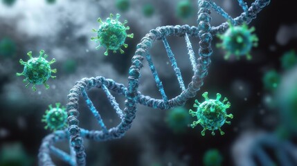 close-up of a dna double helix in a dark microscopic scene surrounded by spiky virus particles, evoking a tense and ominous scientific mood