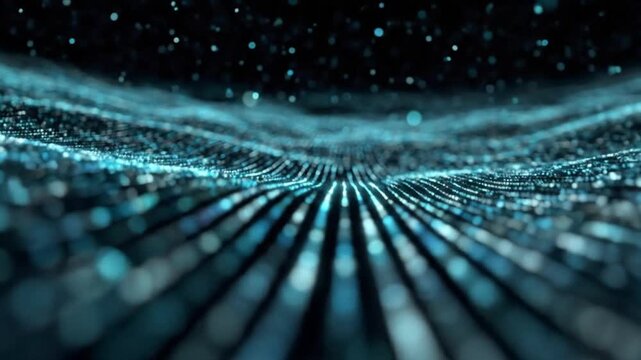 Wavy blue pattern of glowing dots set against a dark background giving an abstract futuristic feel
