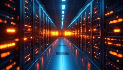 Symmetrical data center corridor lined with illuminated server racks, glowing orange status lights and cool blue ambient lighting, sleek reflective floor, futuristic intense atmosphere