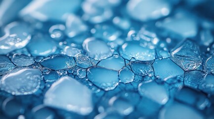 macro close-up of blue translucent water droplets and bubbles on a reflective surface conveying cool calm and serene abstract texture