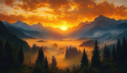 Golden sunrise over a mist-filled mountain valley with evergreen pine forest, layered peaks and a dramatic glowing sky conveying serene awe and quiet morning calm
