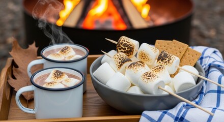 Cozy outdoor scene featuring two mugs of hot chocolate topped with toasted marshmallows next to a bowl of more marshmallows and graham crackers, with a campfire burning in the background