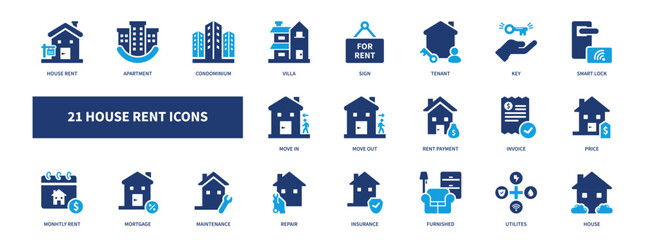 house rent icon set, solid style, vector illustration