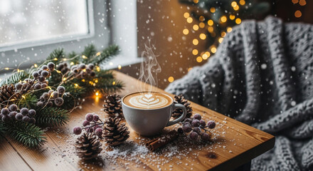 Cozy winter scene with coffee latte art pine cones and snow falling near a window creating a warm and inviting holiday atmosphere for relaxation