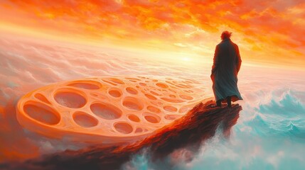 A lone figure in a long coat stands on a rocky cliff edge overlooking a glowing honeycomb-like terrain, fiery orange sky and misty sea, evoking awe and solitude
