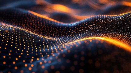 Undulating field of glowing orange dots on a dark blue mesh, a futuristic mesmerizing digital wave landscape