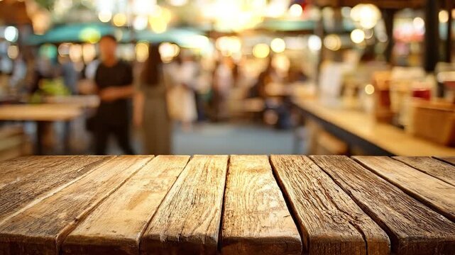 Wooden planks form the foreground of a blurred bustling caf&eacute; or restaurant scene with tables and patrons in the background