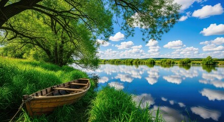 An old wooden rowboat rests peacefully on the lush green grassy bank beside a calm river reflecting the bright blue sky and white fluffy clouds on a sunny summer day in the countryside