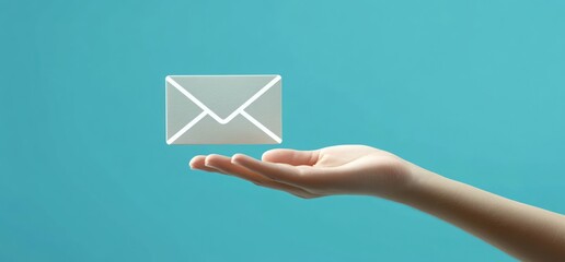 Hand holding open palm with floating white envelope icon on blue background symbolizing message or email communication