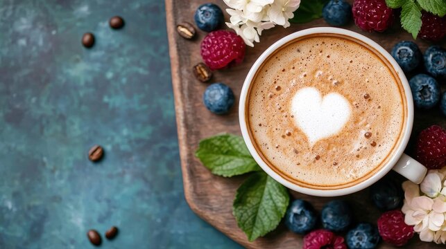 A white cup of cappuccino with latte art in the shape of a heart, surrounded by fresh blueberries, raspberries, mint leaves, and coffee beans on a wooden board.