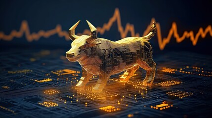 Golden circuit board bull figure glowing with orange light and a jagged line graph in the dark background symbolizing financial market trends and bullish sentiment
